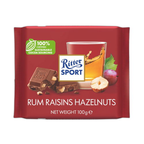შოკოლადის ფილა რომით ქიშშმიშით და თხილით /რიტერ სპორტი/ 100გრ