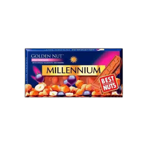 მილენიუმ გოლდი რძიანი შოკოლადი თხილით და ქიშიშით /მალბი/ 100 გრ