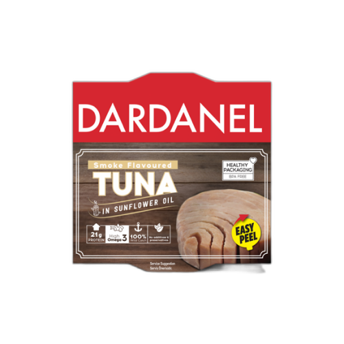 თევზის კონსერვი /დარდანელი/ შებოლილი თინუსი მზესუმზირის ზეთში 140გრ