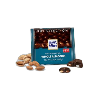 RITTER SPORT შავი შოკოლადის ფილა მთლინი ნუშით-100გ/4000417708007