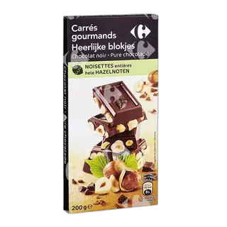 Carrefour Carrés Gourmands შავი შოკოლადის პლანშეტი თხილით, 200 გ