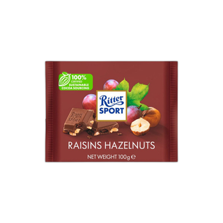 RITTER SPORT რძიანი შოკოლადი ქიშმიშით და თხილით 100 გრ/4000417022004