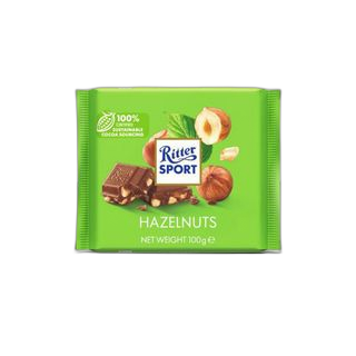 RITTER SPORT შოკოლადი ნატეხი თხილით 100გრ/4000417222008