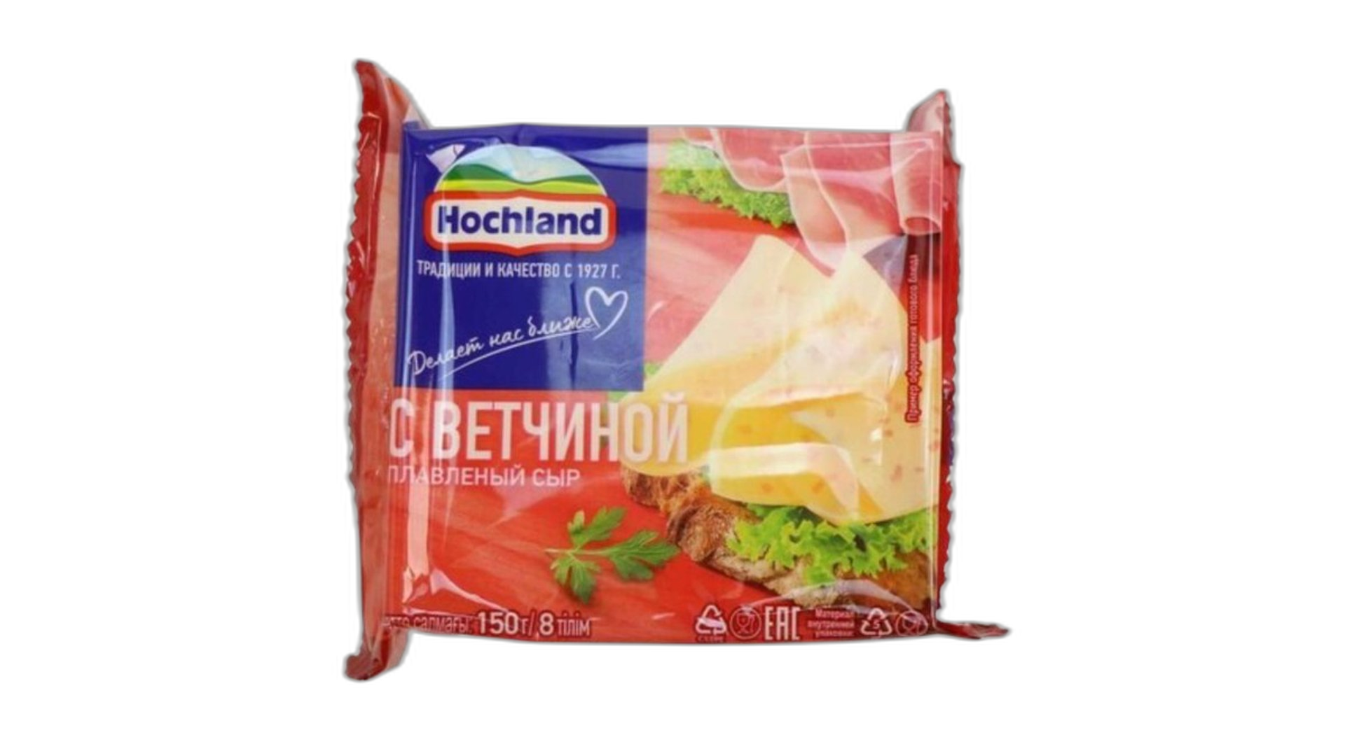 HOCHLAND მდნარი ყველი ლორით ნაჭრებით 150 გრ/4607004890062 1ც