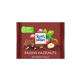 RITTER SPORT რძიანი შოკოლადი ქიშმიშით და თხილით 100 გრ/4000417022004