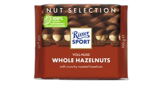 RITTER SPORT რძიანი შოკოლადი მთლიანი თხილით-100გ/4000417700001