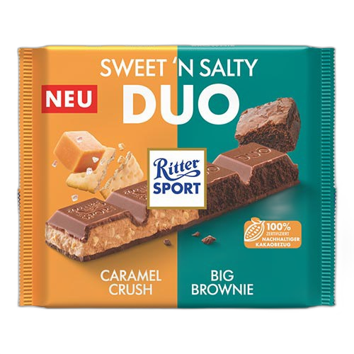 შოკოლადი/ რიტერ სპორტი/ "DUO" ბრაუნით და მარილიანი კარამელით 12*218გ