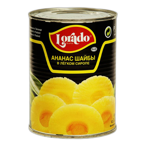 ხილის კონსერვი 'ლორადო' - რგოლებად დაჭრილი ანანასი მსუბუქ სიროფში 580 მლ.