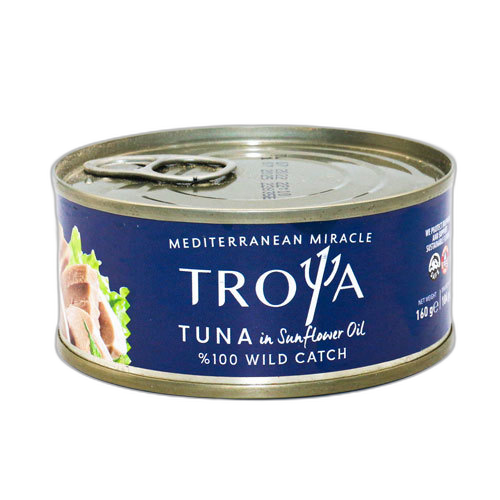 თევზის კონსერვი/დარდანელი/თინუსი "ტროია" მზესუმზირის ზეთში 24*160გ