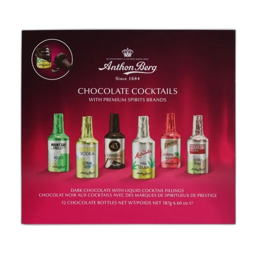 შოკოლადი /Toms/ "Anthon Berg" შავი შოკოლადის ბოთლები კოქტეილის შიგთავსით 14*187გ