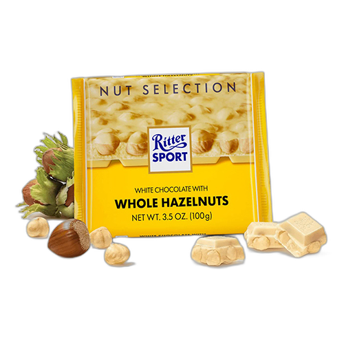 შოკოლადი - Ritter Sport /რიტერ სპორტი - თეთრი ,მთლიანი თხილით 100 გრ