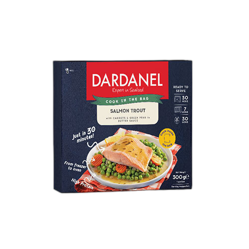 ორაგული/Dardanel/სტაფილოთი და მწვანე ბარდით კარაქის სოუსში 8*300გ