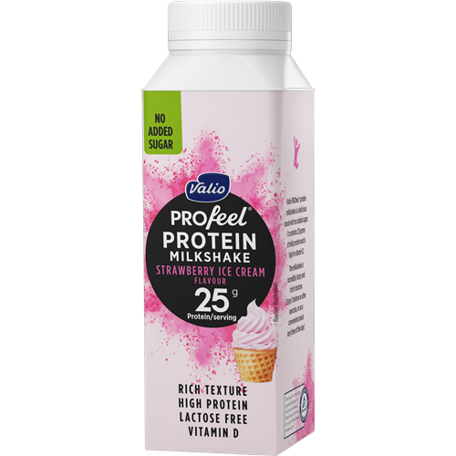 დასალევი პროტეინის მილქშეიქი /Valio/ "Profeel" მარწყვის/ უშაქრო, ულაქტოზო 10*250მლ