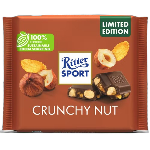 შოკოლადი /რიტერ სპორტი/ მთლიანი თხილით და სიმინდის ფანტელებით 10*100გ