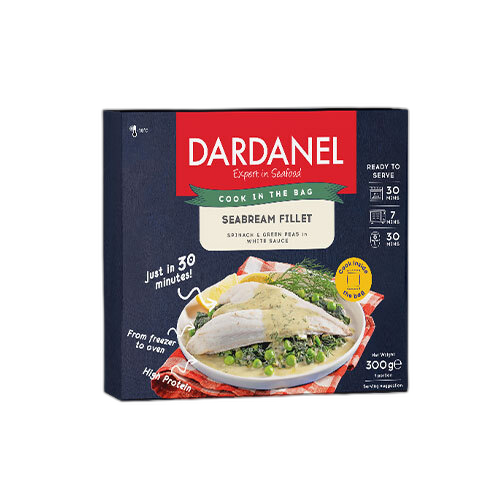 დორადოს ფილე/Dardanel/ისპანახითა და მწვანე ბარდით თეთრ სოუსში 8*300გ