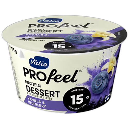 პროტეინის პუდინგი/Valio/ "Profeel" ვანილის და მოცვის/ ულაქტოზო 6*175 გრ