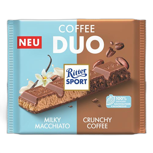 შოკოლადი/ რიტერ სპორტი/ "DUO" რძიანი მაკიატო და ხრაშუნა ყავა 12*218გ
