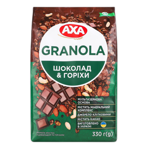 მიუსლი / პრემიუმ  გრანოლა / თაფალის შოკ და თხილით / AXA / 330გ 1*12 პაკეტი