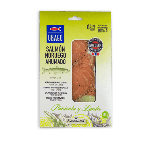 უბაგო - ნორვეგული შებოლილი ორაგულის ნაჭრები, წიწაკით და ლიმონით უგლუტენო 80გრ.