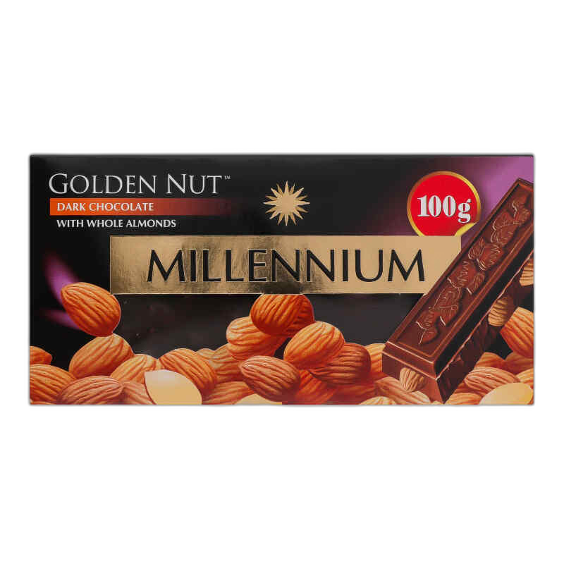 მილენიუმი-შავი შოკოლადის ფილა გოლდი ნუშით 100გრ
