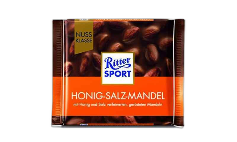 "Ritter sport"- რძიანი შოკოლადი მოხალული, მარილიანი ნუშით და თაფლის გარსით 100გ