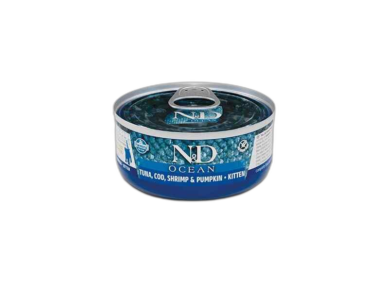 "N&D"- კნუტის საკვები თინუსი, ვირთევზა,კრევეტი & გოგრა 0.07 კგ