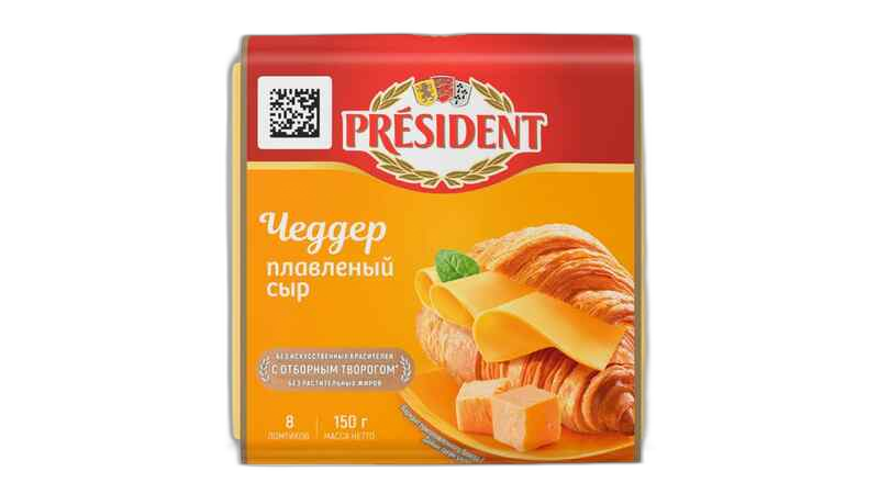 პრეზიდენტი მდნარი ყველის ნაჭრები ჩედარი 40% 150 გ.