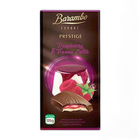 BARAMBO   EXPORT PRESTIGE- რძიანი შოკოლადის ფილა ჟოლო-პანაკოტა 125გრ