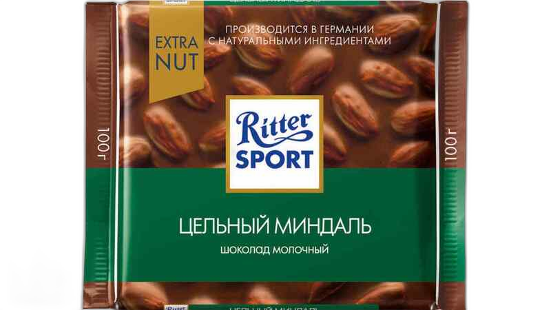 "Ritter sport"- რძიანი შოკოლადი მთლიანი ნუშით 100 გ