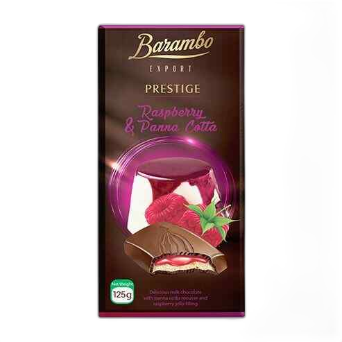 BARAMBO EXPORT PRESTIGE- რძიანი შოკოლადის ფილა ჟოლო-პანაკოტა 125გრ