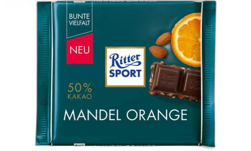 "Ritter sport"- შავი შოკოლადი ნუშით და ფორთოხლით 100გრ
