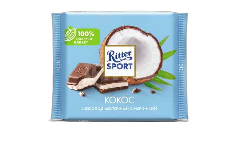 "Ritter sport"- რძიანი შოკოლადი მთლიანი ნუშით და ქოქოსის შიგთავსით 12*100 გ