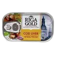 "Gama"- თევზის კონსერვი "Riga Gold" ნორვეგიის ზღვის ვირთევზის ღვიძლი თავის ზეთში 121 გრ