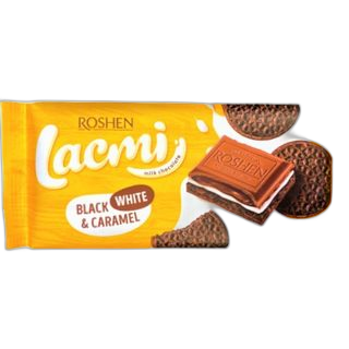 შოკოლადის ფილა "LACMI" რძ. შოკოლადი რძიანი შიგთავსით/კარამელით და კაკაოს ორცხობილით 100 გრ / 4823077633218