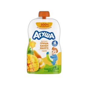 ხილის ფაფა "აგუშა" ვაშლი-მსხალი-ბანანი-მანგო 90გრ