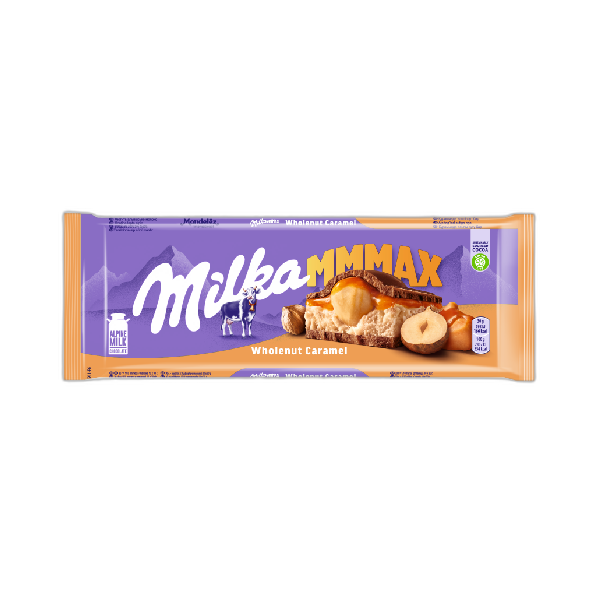 შოკოლადის ფილა / მილკა / მთლიანი თხილით და კარამელის შიგთავსით / 300 გრ