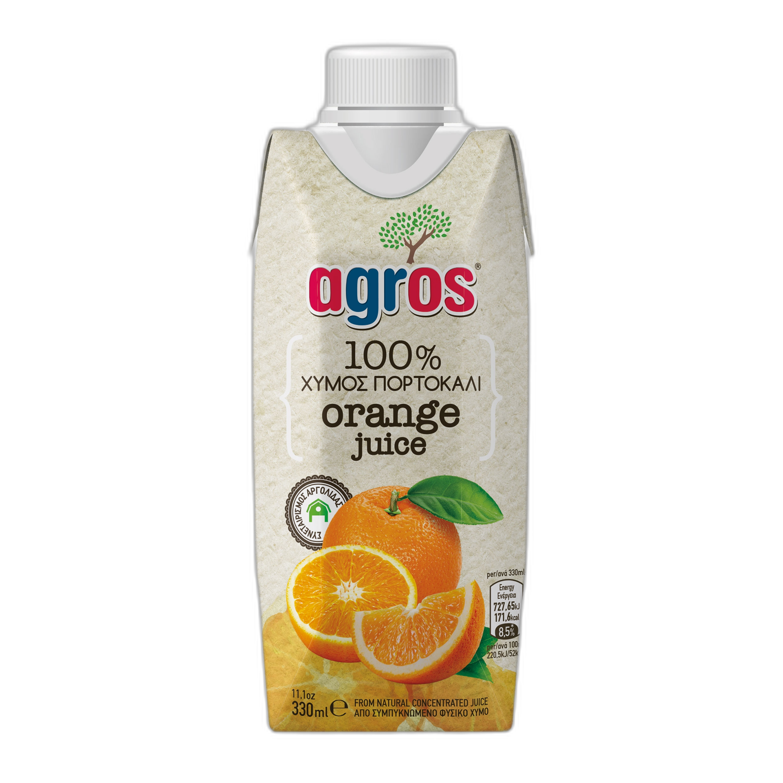 AGROS ნატურალური წვენი 100% ფორთოხალი 0.33მლ 5202908000570